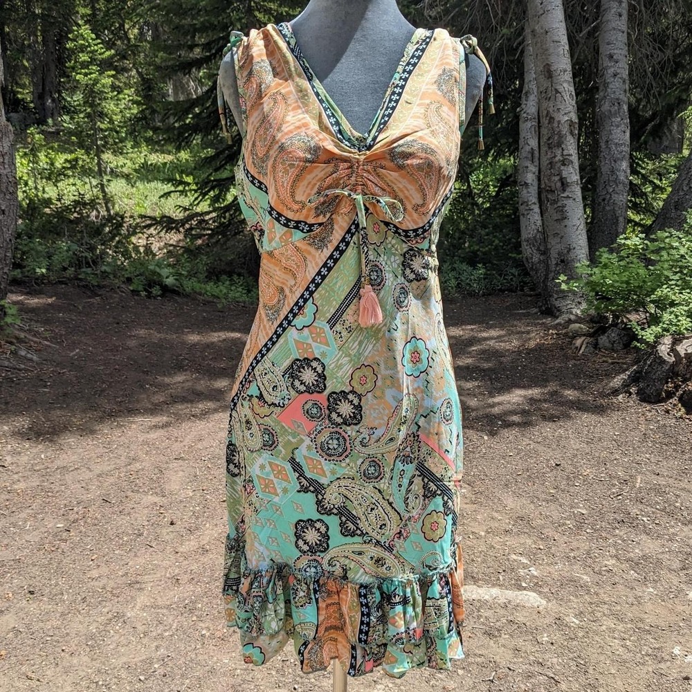 Karma Highway Boho Paisley‎ Print Mini Dress OS Festival Keyhole Back Ruffle